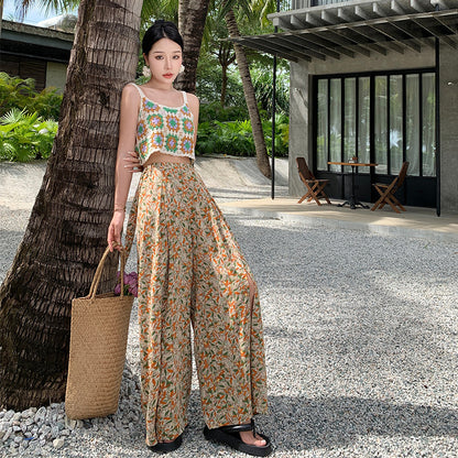 2025 Bohemian wide-leg pants women's Sanya seaside vacation floral beach pants high-waisted split-ended drape floor pants