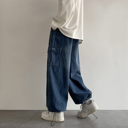 maoxiangshop-shop summer outfits men 2024 Washed Jeans Men's Spring and Autumn Retro Loose Wide-Leg Ruffle Handsome Straight High Street Overalls Pants