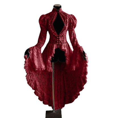 maoxiangshop-shop costume ideas Vintage Lace Stitching Stand Collar Dress Bell Sleeve Slim-Fit See-through Dovetail Skirt for Women