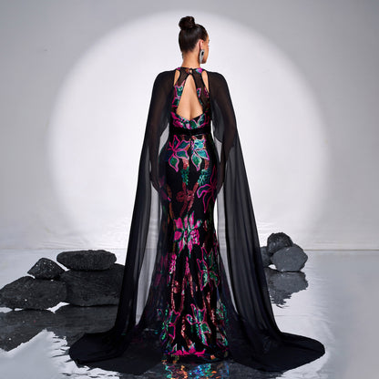 2025 women's clothing super long-sleeved crew neck sexy long sequined banquet fishtail evening dress bridesmaid dress dress