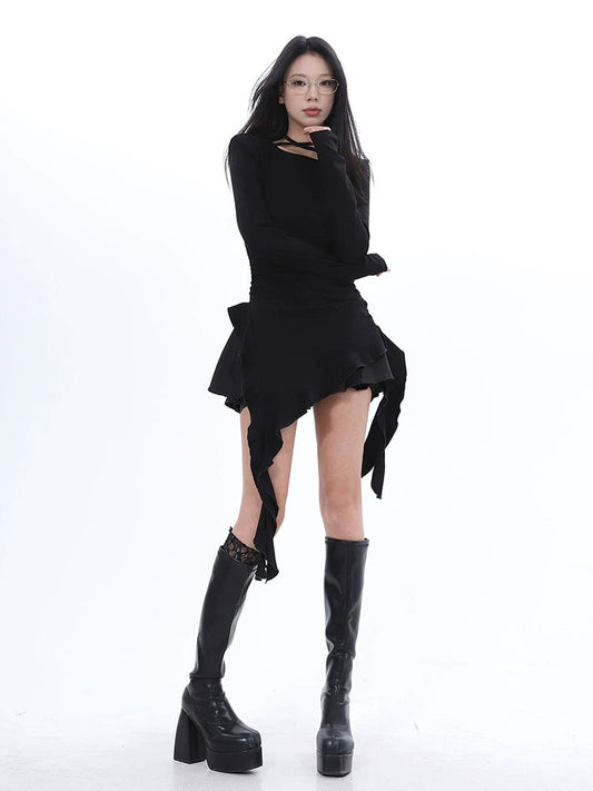 , 2025n Spice Girl high-elastic slim-fitting fungus edge streamer irregular medium and long-sleeved T-shirt bottoming shirt women