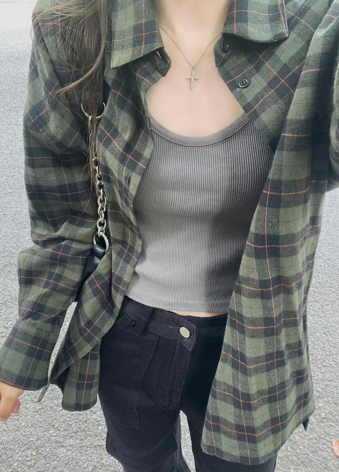 maoxiangshop-shop grunge outfits Retro Chic Green Plaid Shirt Women's Autumn and Winter Loose Lazy Style Mid-Length Shirt Coat Cardigan Outer Wear