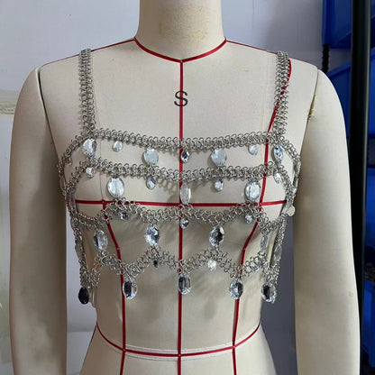 F4942Y 2025 vest multi-strip punk fringed chain neck big diamond top small vest body chain chest chain 2025