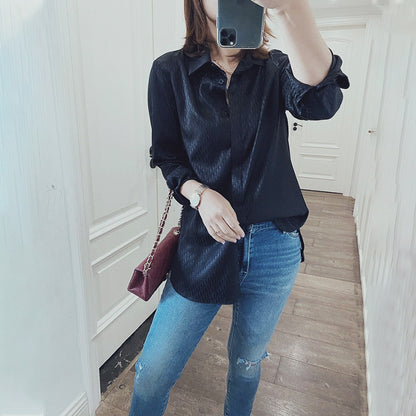 2025 Heavy silk satin high-end letter jacquard temperament mulberry silk shirt  summer Hangzhou silk women's clothing