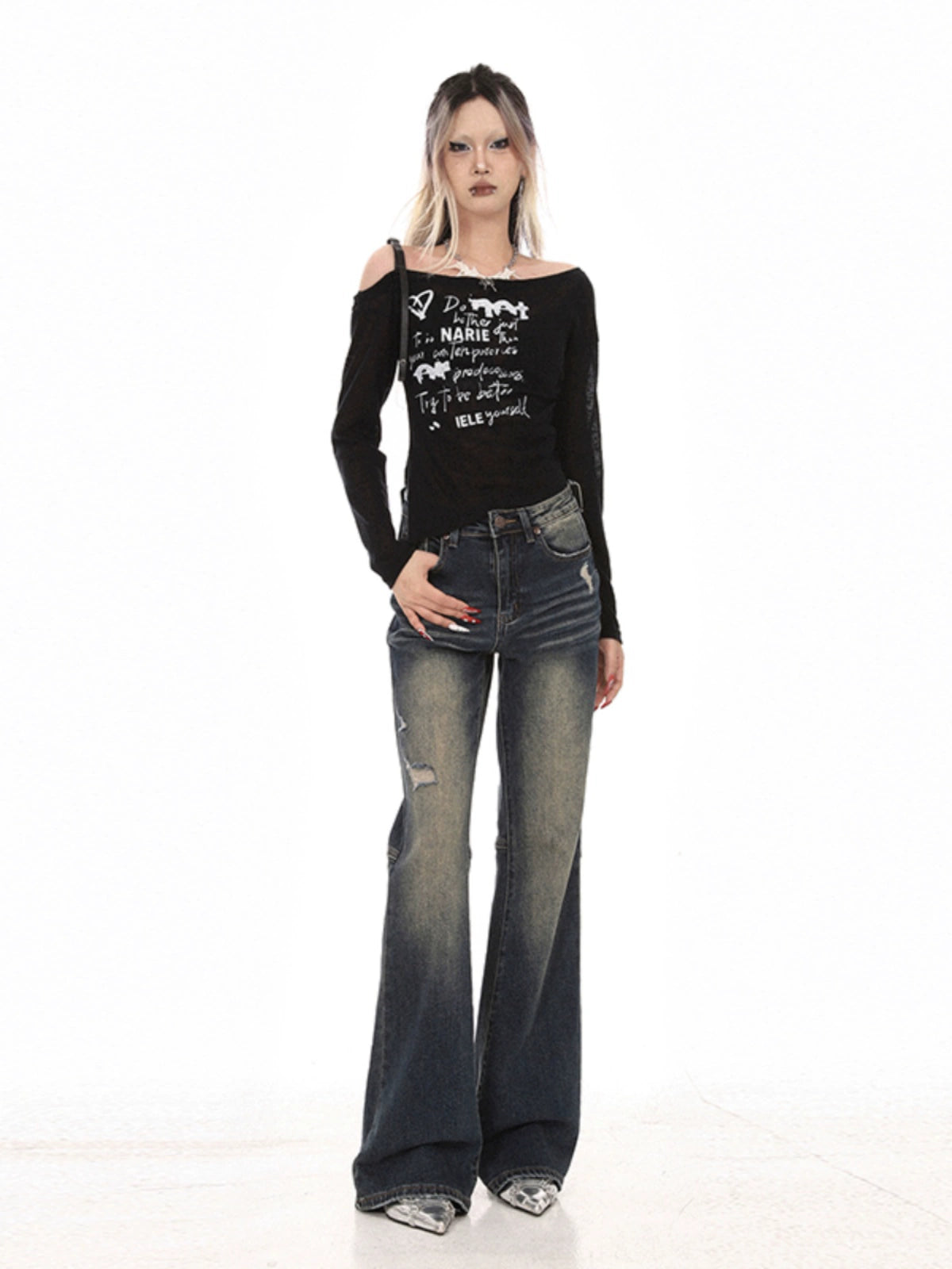 2025n trendy brand printing chic long-sleeved top women's spring and summer thin slim elastic one-word shoulder t-shirt