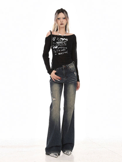 2025n trendy brand printing chic long-sleeved top women's spring and summer thin slim elastic one-word shoulder t-shirt