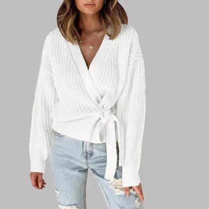 maoxiangshop 2000s fashion Autumn and Winter Casual V-neck Lace-up Knotted Sweater Sweater Women's Clothing