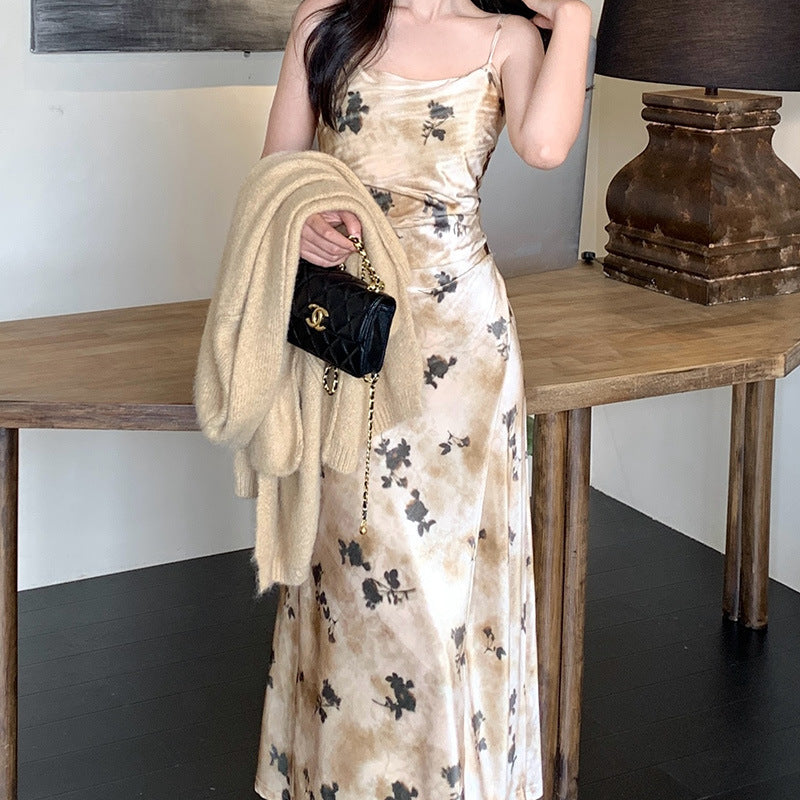2025 Thirteen Lines popular Autumn and Winter New Printed Pure Desire High Waist Velvet Suspender Dress Women 88136