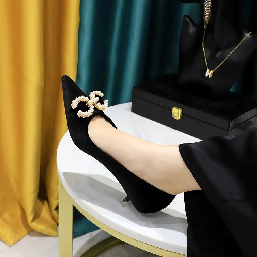 237-K79 Korean version banquet women's shoes medium heel thickened suede shallow mouth pointed metal rhinestone pearl buckle single shoes women