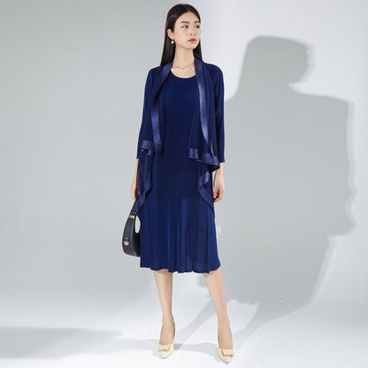 Mom dress gentle wind dress spring and autumn dress design sense niche fake two loose and versatile medium and long skirt