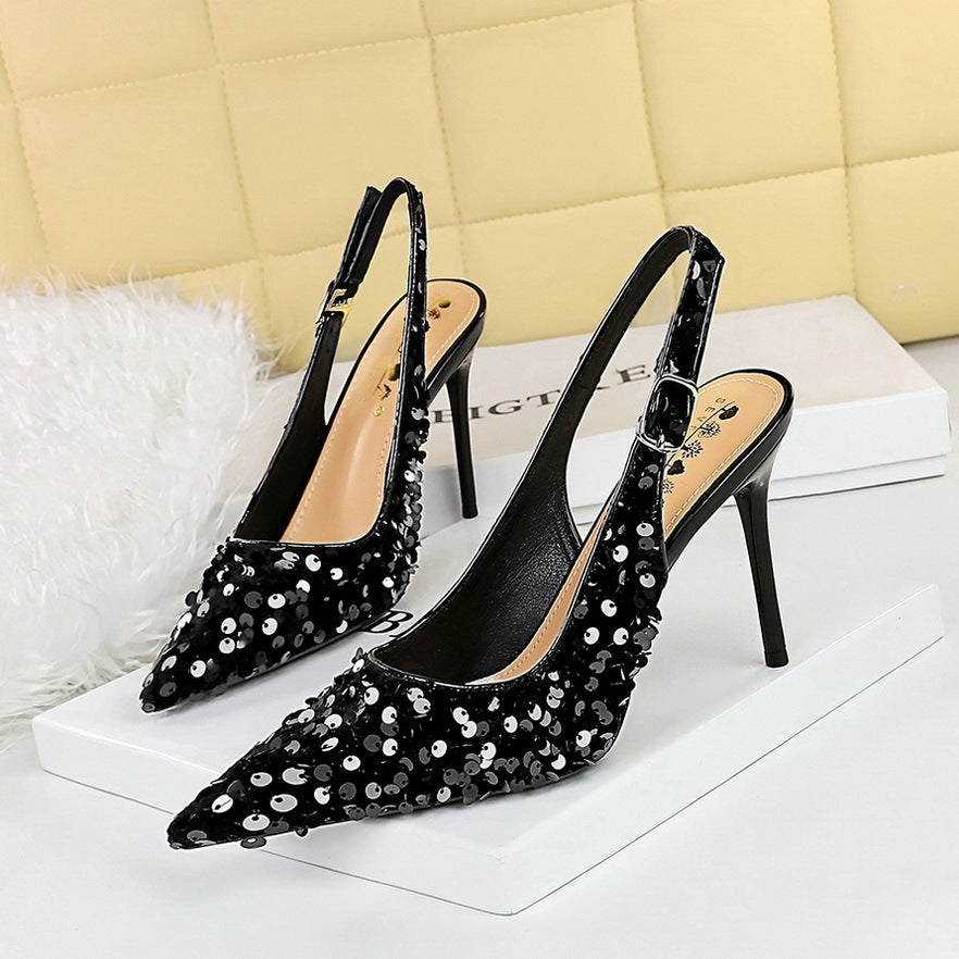 869-A22 2025 style banquet high heels women's shoes rear empty shoes shallow mouth pointed head hollow rear strap sequined single shoes