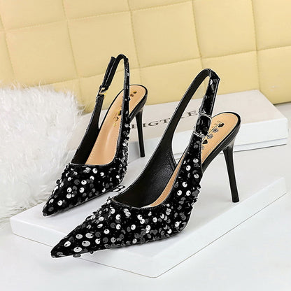 869-A22 2025 style banquet high heels women's shoes rear empty shoes shallow mouth pointed head hollow rear strap sequined single shoes