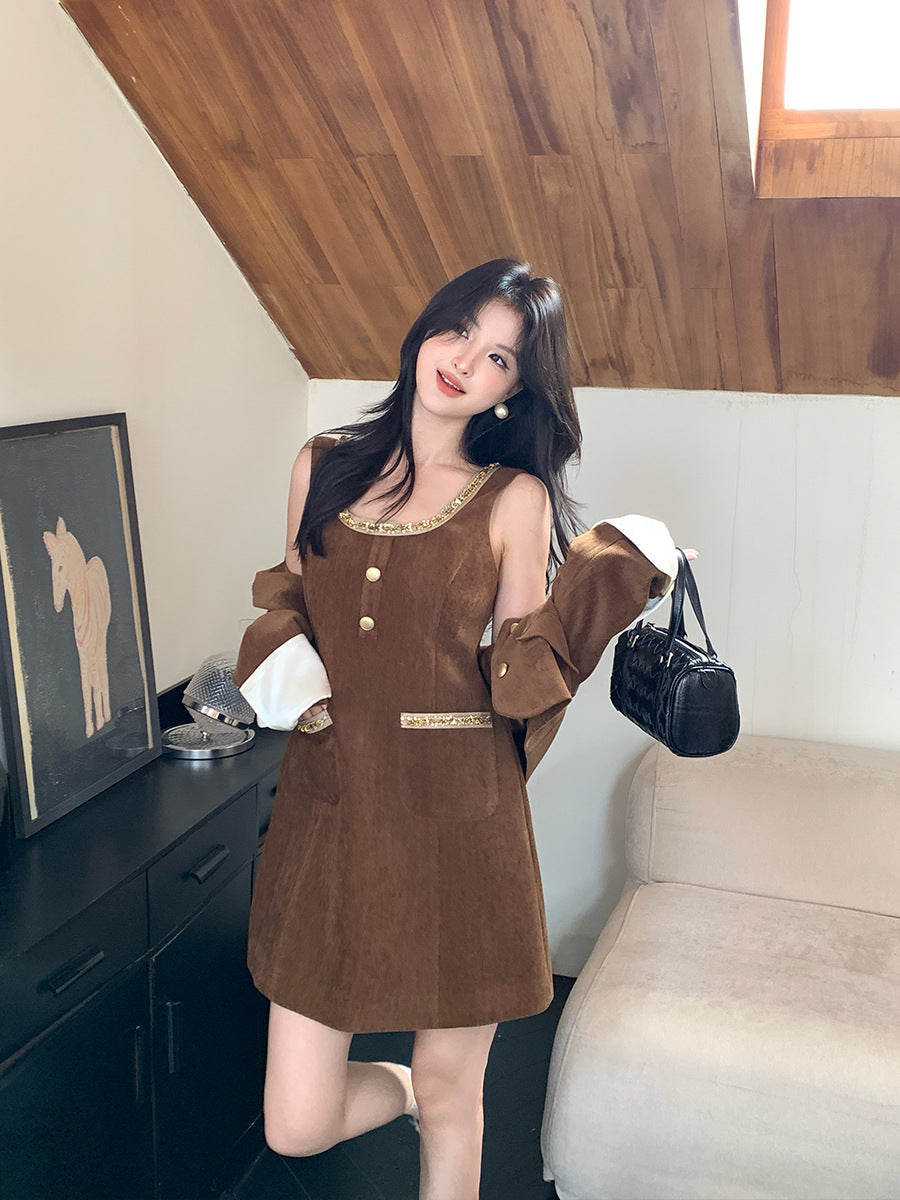 2025 popular autumn and winter new Korean version high waist elegant polished vest dress solid color bottom skirt 88122