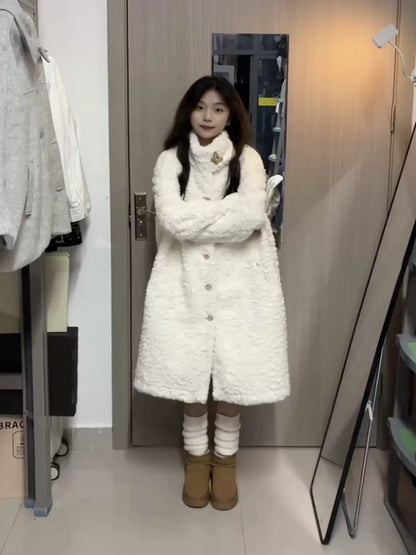 Korean butterfly Xuebao winter white stand-up collar lamb wool long coat women's warm fur integrated loose coat