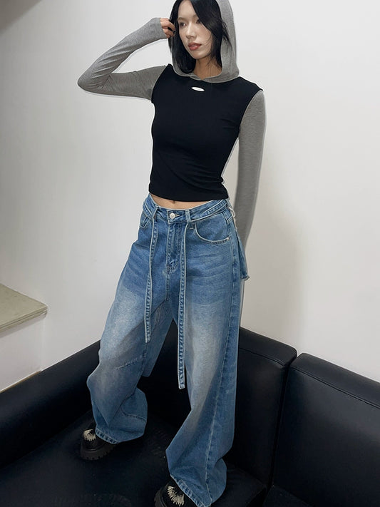 autumn black and gray contrasting colors slim-fitting hooded t-shirt polished white design jeans fashion temperament suit women
