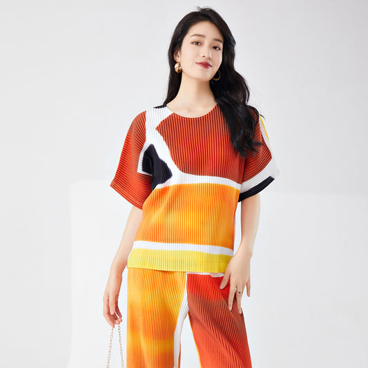 2025 Clothing on the new autumn thick contrasting color round neck loose and thin casual temperament versatile short-sleeved  top