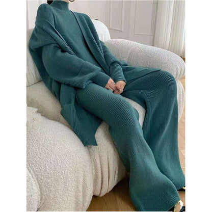 maoxiangshop business casual outfits Three-Piece Fashion Women's Knitted Suit Autumn and Winter Socialite Temperament Thickened Wide-Leg Pants Bottoming Sweater Cardigan Women's Clothing