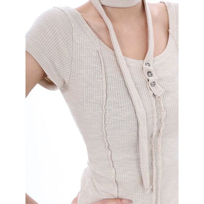 Women's Flavor Pure Desire U-Neck Strap Design Sense Short Sleeve T-Shirt Women's Summer Spice Girls Waist Slim Top