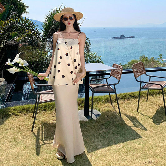 Holiday style suit  temperament socialite polka dot suspender top satin skirt summer dress with a complete set of women