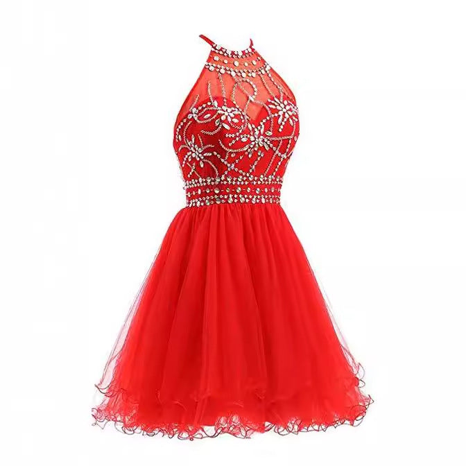 maoxiangshop-shop dresses Slim-Fit Small Dress Halter Short Bridal Wedding Dress Banquet Evening Dress Lace New Red Women