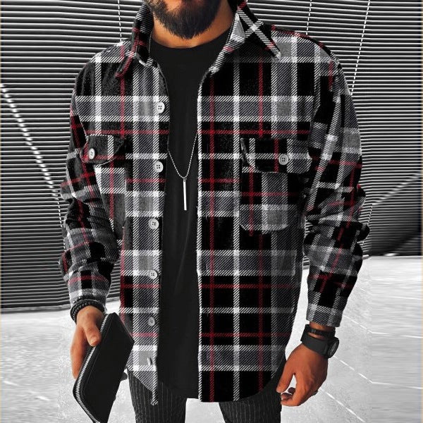 maoxiangshop Mens Sweater New Spring and Autumn New Long-Sleeved Plaid Long-Sleeved Shirt Casual Stand Collar Pocket Shirt for Men