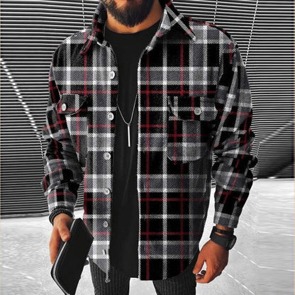 maoxiangshop Mens Sweater New Spring and Autumn New Long-Sleeved Plaid Long-Sleeved Shirt Casual Stand Collar Pocket Shirt for Men