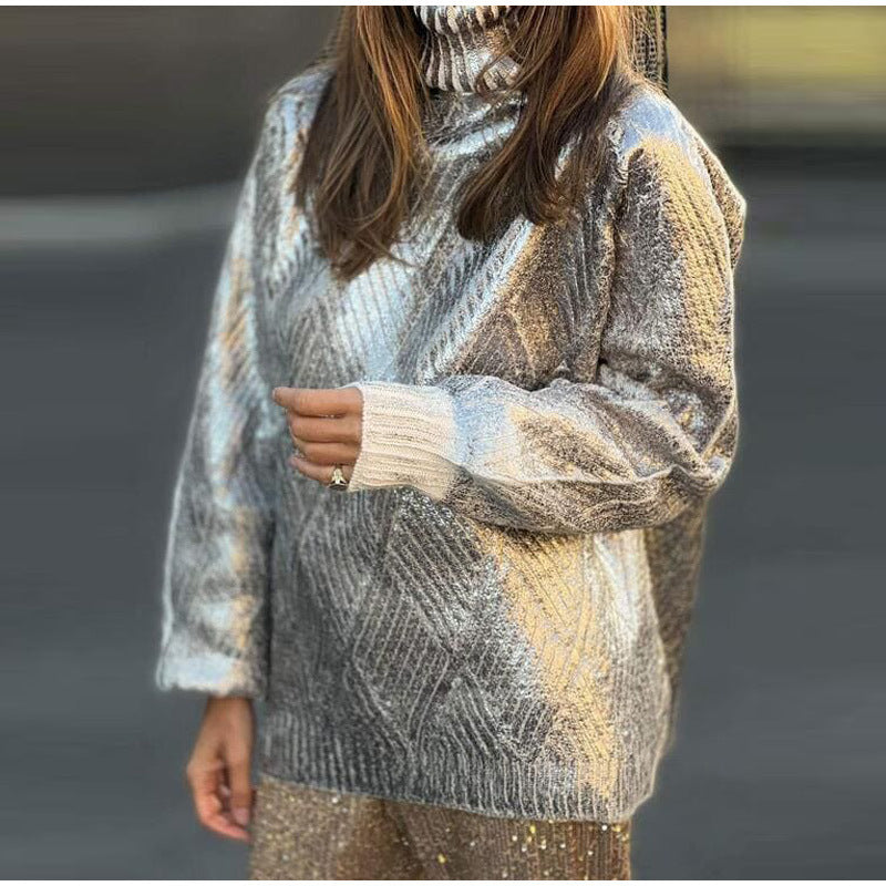MAOXIANGSHOP 2025 Metal turtleneck knitted sweater  New hot-selling women's long-sleeved thermal casual pullover sweater