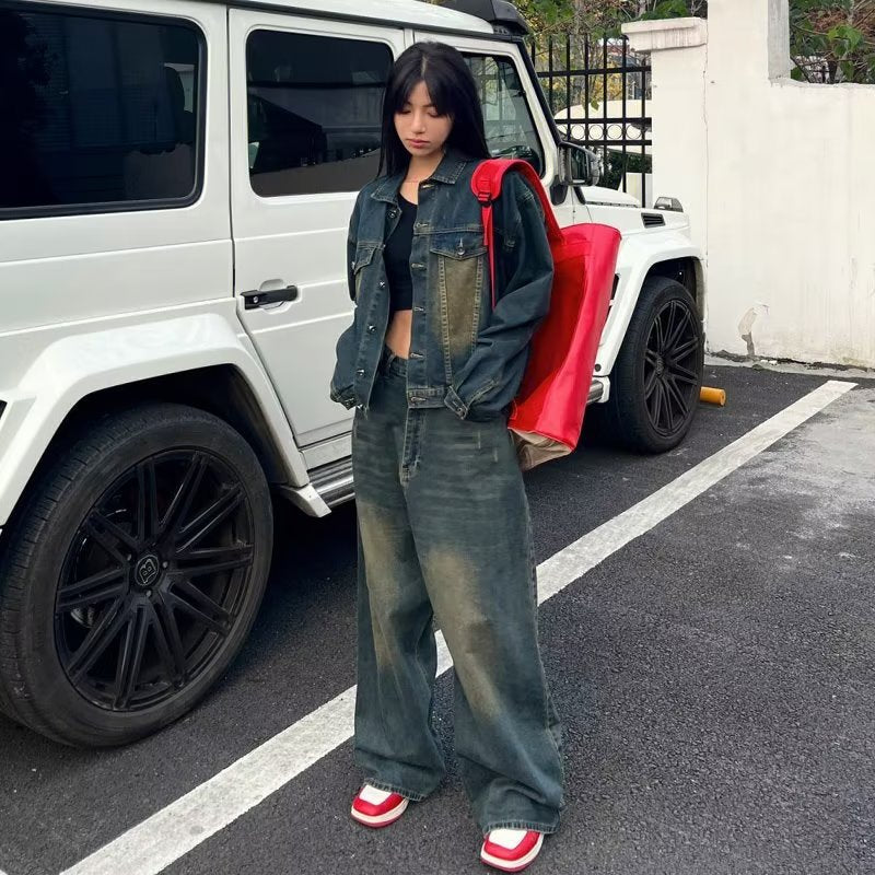 maoxiangshop y2k Autumn and Winter Clothing for Girls New American Retro Loose Wide-Leg Pants Trendy Casual Fashion Casual Denim Trousers