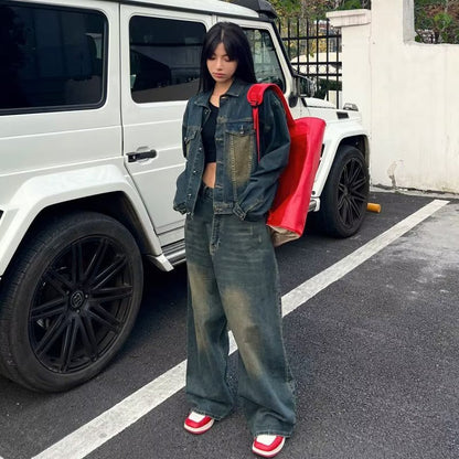 maoxiangshop y2k Autumn and Winter Clothing for Girls New American Retro Loose Wide-Leg Pants Trendy Casual Fashion Casual Denim Trousers
