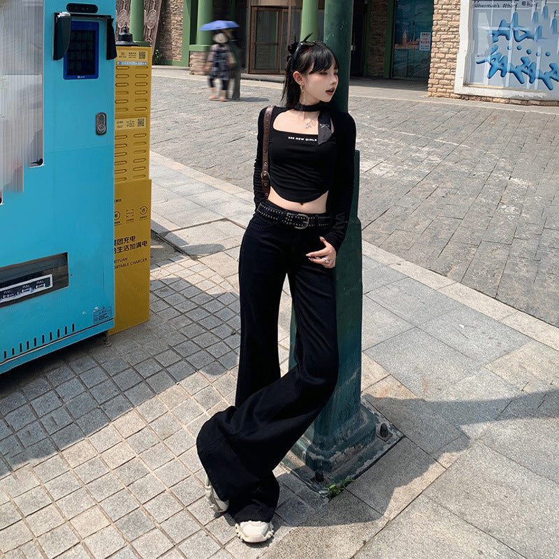 maoxiangshop 90s fashion American-Style Black Thin Velvet Skinny Jeans for Women 2024 Autumn and Winter New Low Waist Wide Leg Slimming Versatile Flared Pants