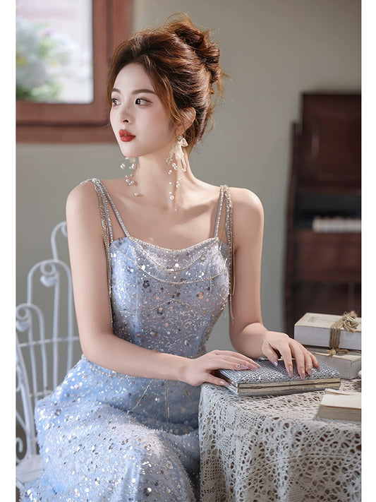 suspender evening dress women's  new high-end sequins banquet elegant dress high-end light luxury niche