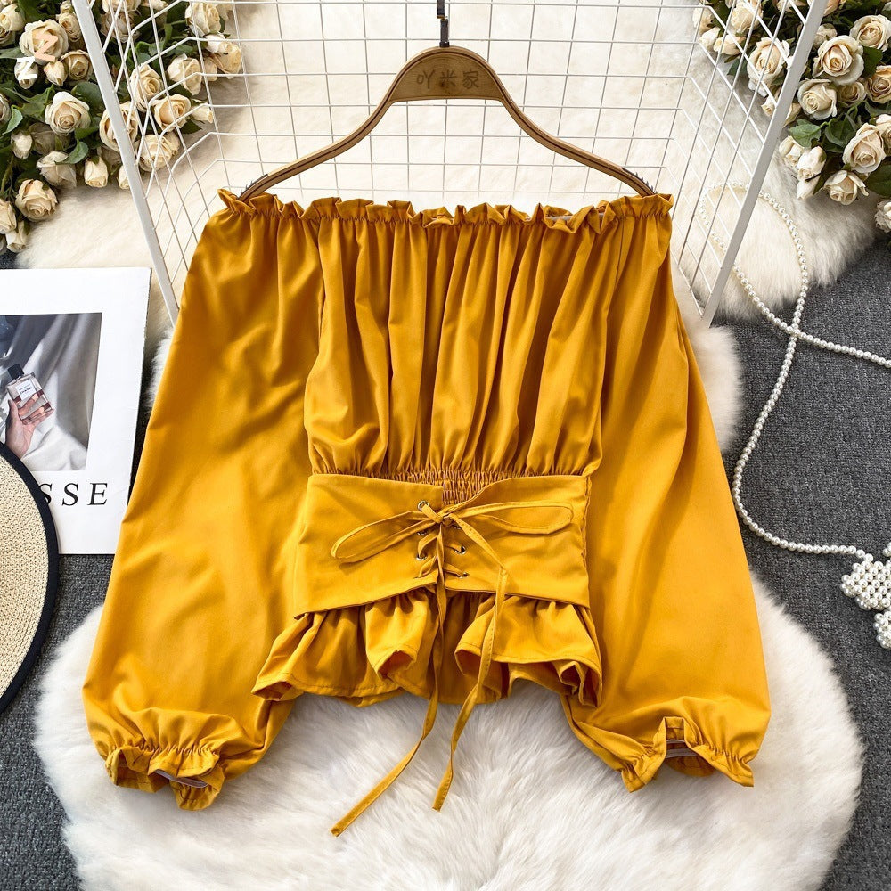 maoxiangshop grunge outfits Spring and Autumn Korean Style Hooded off-Shoulder off-Shoulder Waist Slimming Waist-Sealing Pullover Shirt Women's Western Style Short Top