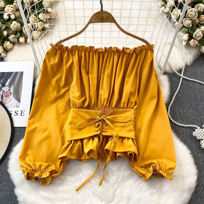 maoxiangshop grunge outfits Spring and Autumn Korean Style Hooded off-Shoulder off-Shoulder Waist Slimming Waist-Sealing Pullover Shirt Women's Western Style Short Top