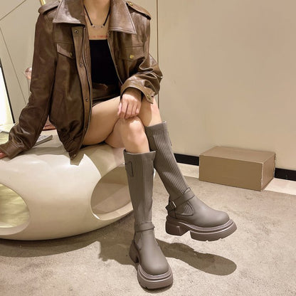 2025  Thick-soled thin round-headed high boots for women's 24 autumn and winter new models run wild Xinjiang is not tired of feet Western boots