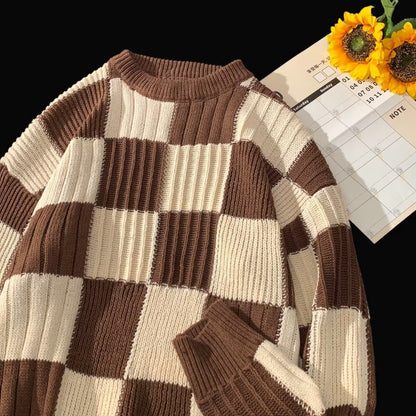 maoxiangshop-shop fall outfits aesthetic New Loose Sweater Japanese Style Lazy Retro Men's Autumn and Winter High-Grade Top Chessboard Plaid Sweater