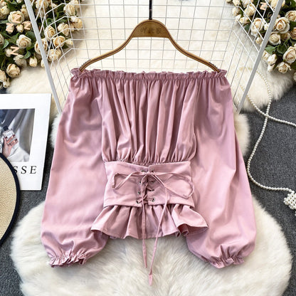 maoxiangshop grunge outfits Spring and Autumn Korean Style Hooded off-Shoulder off-Shoulder Waist Slimming Waist-Sealing Pullover Shirt Women's Western Style Short Top