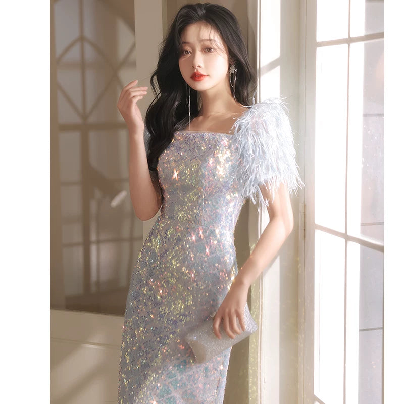 Sequined evening dress women's high-end sense high-end niche light luxury annual meeting host fishtail vocal art test bright dress