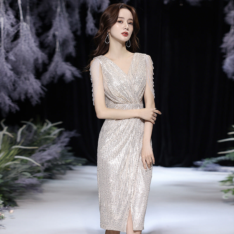 Small evening dress dress women's 2025 spring new champagne celebrity temperament banquet host dress can be worn at ordinary times
