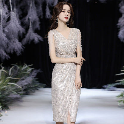 Small evening dress dress women's 2025 spring new champagne celebrity temperament banquet host dress can be worn at ordinary times