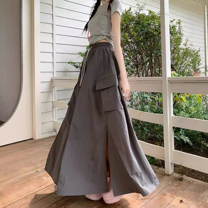 maoxiangshop 90s fashion 2024 Gentle Style Blue Drawstring Skirt Women's Early Autumn Lazy Slimming A- line Skirt Long Skirt