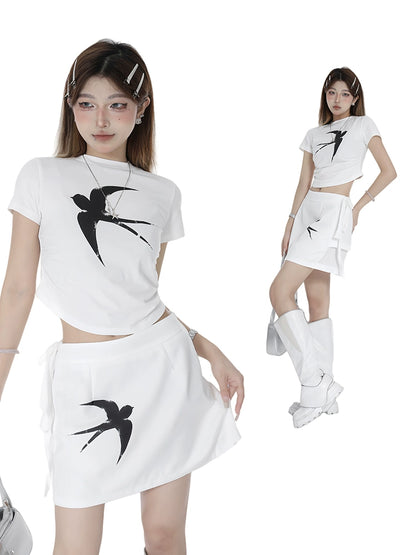 's homemade swallow print suit women's popular summer new design sense trendy fashion top a-word skirt