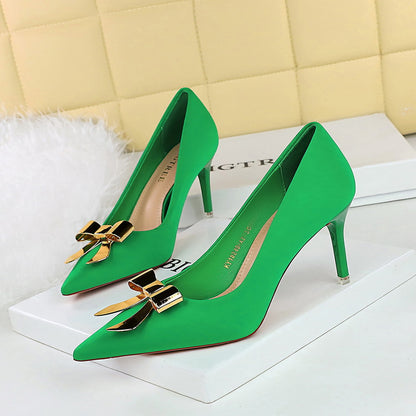 2025 18249-AK68 Korean version of fashion banquet women's shoes stiletto high heel satin light mouth pointed metal bow single shoes