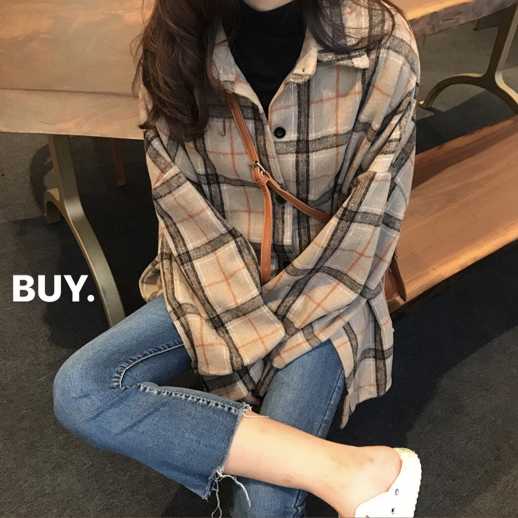 maoxiangshop-shop college outfits aesthetic Brushed Lapel Plaid Shirt Women's Clothing Winter New Retro Hong Kong Style French Fashion Top Student Coat