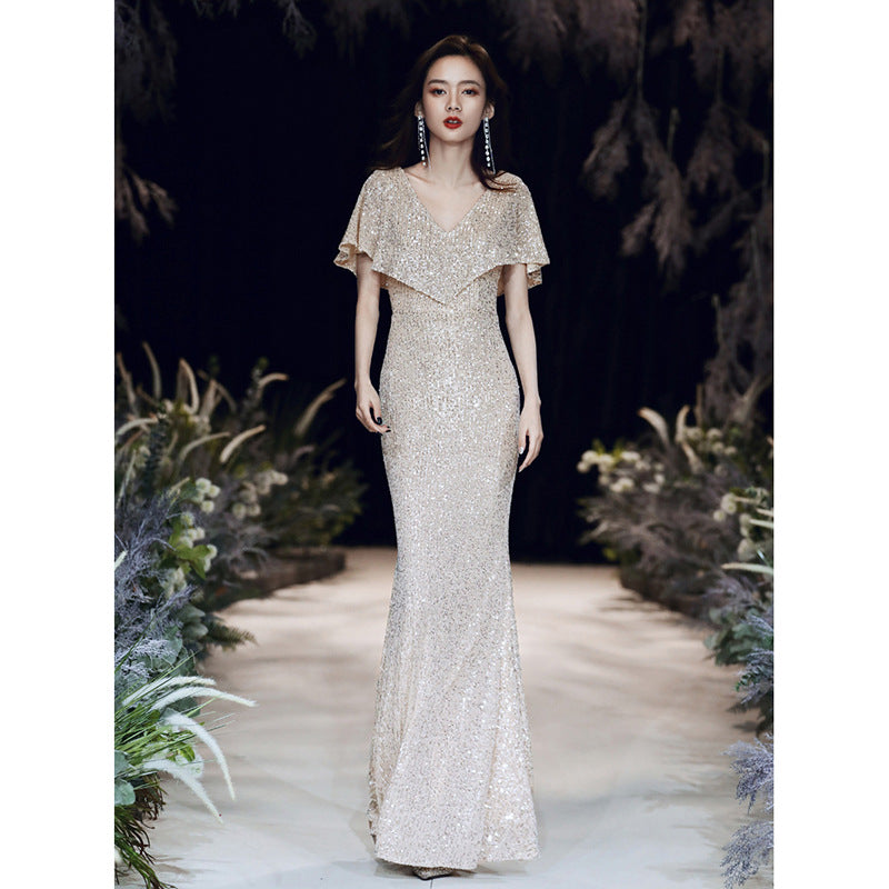Champagne banquet evening dress sequins 2025 new spring temperament long fishtail dress annual meeting hosting dress