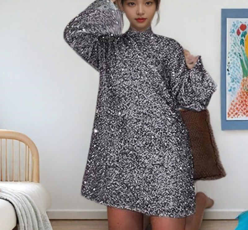 MAOXIANGSHOP 2025 Spring and Autumn Cross-border  Women's Clothing Crew Neck 2025 Long Sleeve Loose Large Size Sexy Sequin Short Dress
