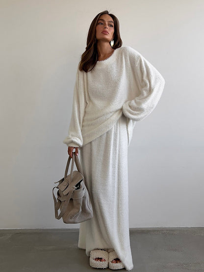 MAOXIANGSHOP 2025 Solid color jumper skirt set  New new v-neck knitted lazy eye-catching long-sleeved skirt set