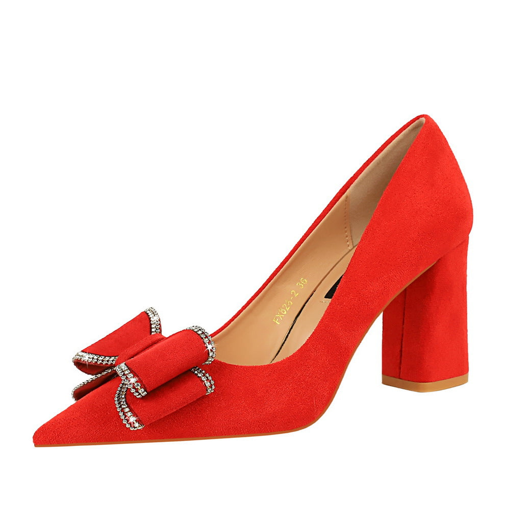 828-H30 Korean version of fashion spring and autumn new high heels thick heel suede light mouth pointed bow single shoes women's shoes