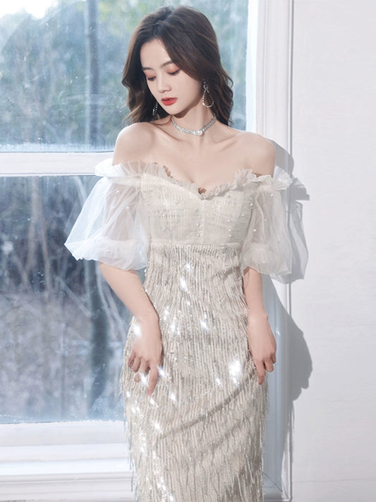 One-word shoulder champagne evening dress dress women  new birthday party small people can usually wear host autumn