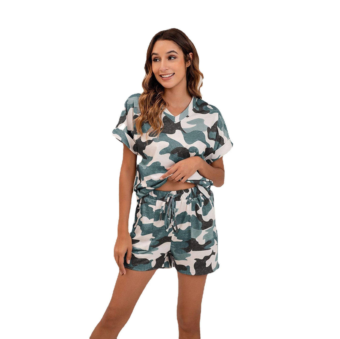 MAOXIANGSHOP 20252025 New wish 2025 summer new fashion camouflage leopard print V-neck short-sleeved loungewear, casual suit women
