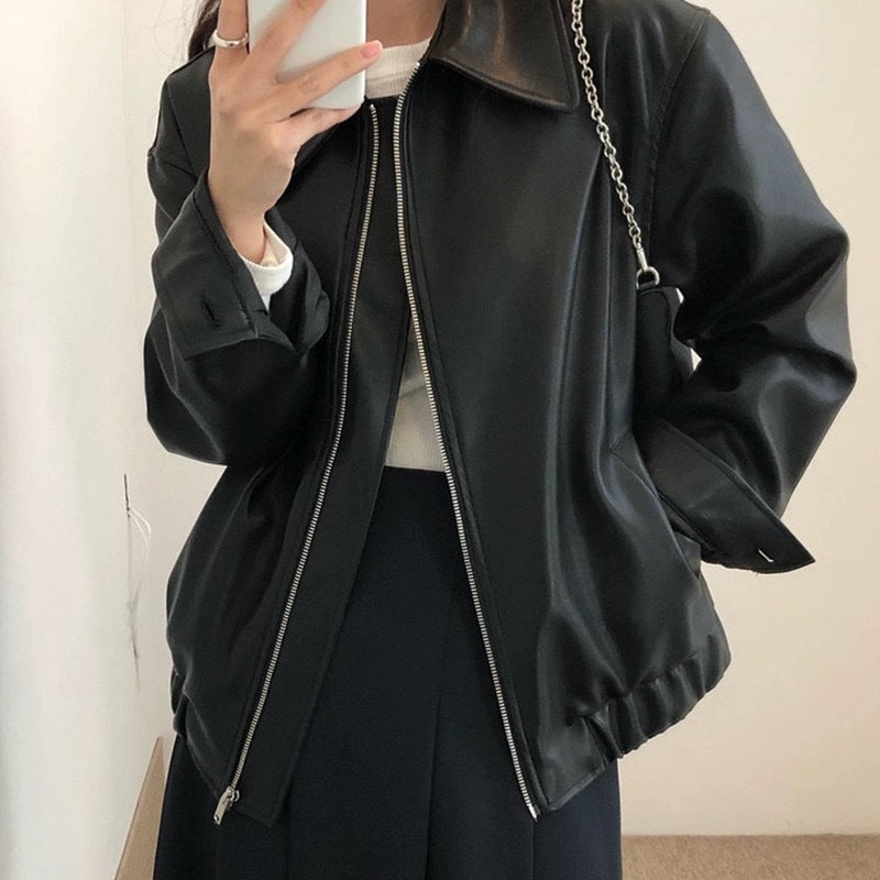 maoxiangshop-shop fall outfits women Handsome Lapel Zipper Design Loose Casual Chic Autumn Personality Long Sleeve Motorcycle Clothing Leather Coat for Women